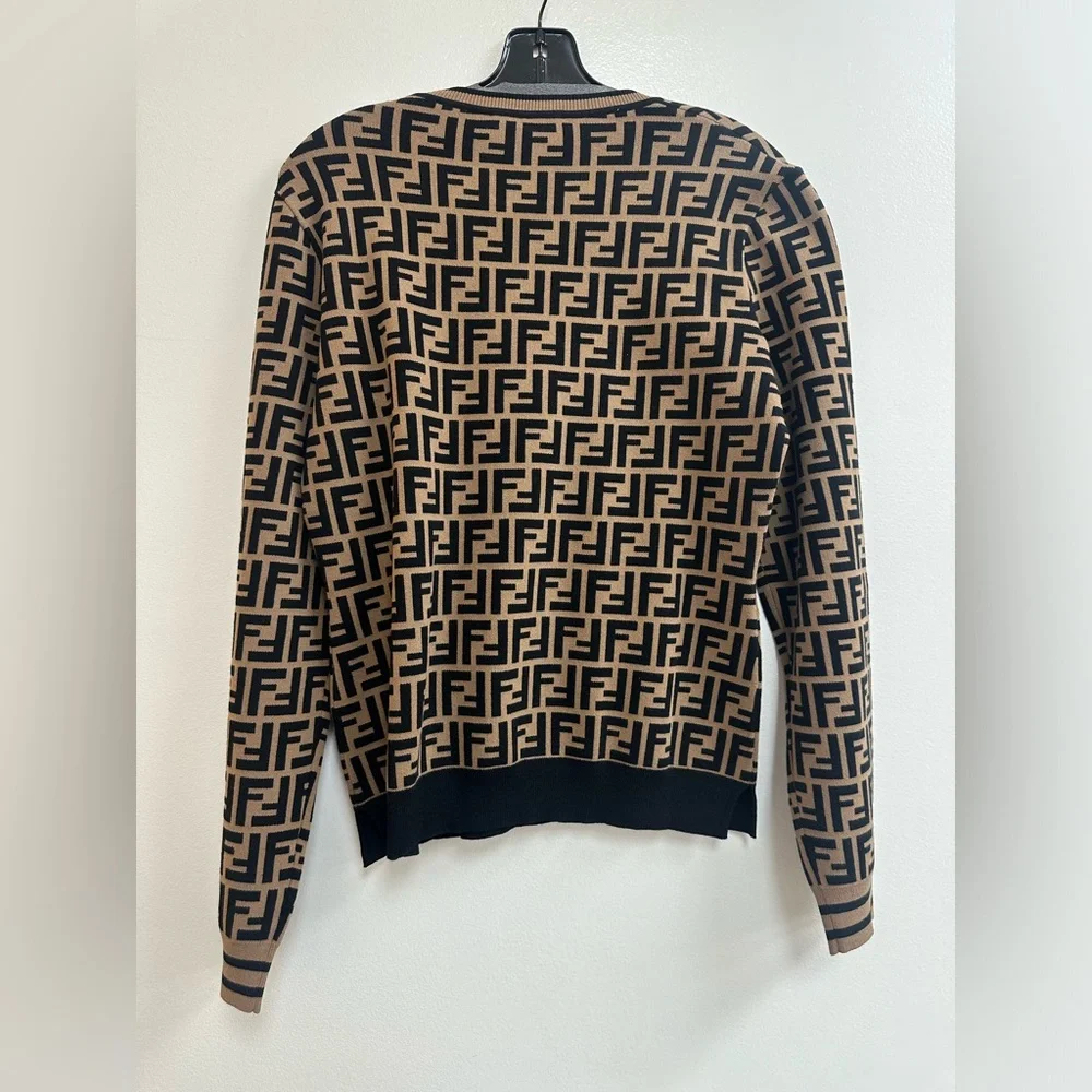 Fendi FF Motif Monogram Jacquard Long Sleeve Sweater in Brown - Picture 7 of 10